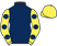 Dark blue, yellow sleeves, dark blue spots, yellow cap}