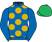 Royal blue, gold spots on body, emerald green cap}