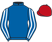 Royal blue, white striped sleeves, red cap}