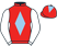Red, light blue diamond, white sleeves, red cap, light blue diamond