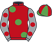 Red, large emerald green spots, grey sleeves, red spots, emerald green and red quartered cap}