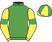 Emerald green, yellow sleeves, emerald green armlets, quartered cap}