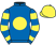 Royal blue, yellow disc, hooped sleeves, yellow cap}