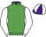 Emerald green, white sleeves, purple and white quartered cap}
