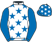 White, royal blue stars, royal blue sleeves, royal blue cap, white stars}