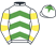 White and emerald green chevrons, white and yellow hooped sleeves, white cap, emerald green star}