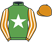 Emerald green, white star, orange and white striped sleeves, orange cap}