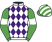 White and purple diamonds, emerald green sleeves, white armlet, emerald green and white striped cap}