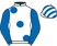 White, large royal blue spots and sleeves, striped cap}