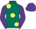 Dark green, large yellow spots, purple sleeves and cap}