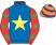 Royal blue, yellow star, red sleeves, emerald green stars, orange and purple hooped cap}