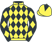 Yellow and black diamonds, black sleeves, yellow diamonds, yellow cap, black diamond}