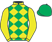 Yellow and green diamonds, yellow sleeves, green cap}