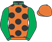 Dayglo orange, black spots, dayglo green collar and sleeves, dayglo orange cap}