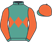 Emerald green, spectrum orange band of diamonds and sleeves, green cuffs, spectrum orange cap, green peak}