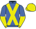 Royal blue, yellow crossed sashes, royal blue and yellow halved sleeves, yellow cap}