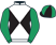 Black and white quartered diagonally, lime green sleeves, black and lime green quartered cap}