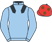 Light blue, black epaulettes, red cap, brown spots}