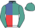 Royal blue, emerald green, red and white quartered, emerald green sleeves and cap}
