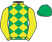 Yellow and green diamonds, yellow sleeves, green cap}