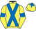 Yellow, royal blue cross sashes, royal blue armlet, royal blue star on cap}