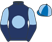 Dark blue, light blue disc, light blue and dark blue halved sleeves, royal blue and light blue quartered cap}