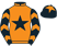Orange, black star, black and orange chevrons on sleeves, black cap, orange star}