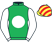 Emerald green, white disc and sleeves, yellow and red striped cap}