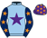 Light blue, purple star, dark blue sleeves, orange stars, purple cap, orange stars}