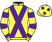 Yellow, purple cross belts, hooped sleeves and spots on cap}