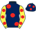 Dark blue, large red spots, yellow sleeves, red spots, dark blue cap, red spots}