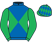 Royal blue and emerald green diabolo, emerald green sleeves, emerald green cap, royal blue diamonds}