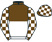 Brown and white halved horizontally, checked sleeves and cap}