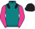 Teal, black epaulettes, dayglo pink sleeves, black cap}
