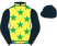 Yellow, emerald green stars, black sleeves and cap}