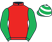 Red, emerald green sleeves, emerald green and white hooped cap}