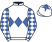 White, royal blue band of diamonds, checked diamond sleeves, white cap, royal blue star}