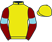 Yellow, maroon sleeves, light blue armbands, yellow cap}