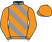 Grey and orange diagonal stripes, orange sleeves and cap}