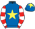 Royal blue, yellow star, red and white hooped sleeves, royal blue cap, yellow star}
