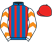 Royal blue and red stripes, white and orange chevrons on sleeves, red cap}