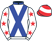 White, blue crossed sashes and collar, white sleeves, red stars, red cap, white hoop}