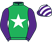 Emerald green, white star, purple sleeves, purple and white striped cap}