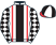 White, red braces, black broad stripe, white and black checked diamond sleeves, quartered c}