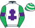 White, purple cross of lorraine, emerald green sleeves, purple armlets, emerald green and white hooped cap}