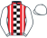 red, broad white and black checked stripe, white braces, sleeves and cap}