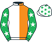 White & orange halved, emerald green sleeves, white stars, white cap, emerald green stars}