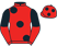Red, large black spots, black and red halved sleeves, red cap, black spots}
