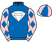 Royal blue, white diamond jewel, royal blue and pink diamond sleeves, quartered cap, pink button, white peak}