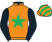 Orange, emerald green star, black sleeves, orange and emerald green striped cap}